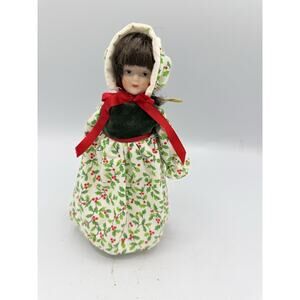Zasan Porcelain Doll Floral Dress Christmas Ornament Collectible 8" W/stand